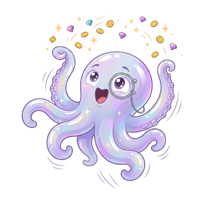 Elyra's octopus mascot celebrating with gems and coins