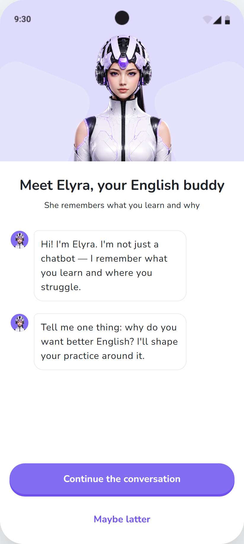 First open screen: Meet Elyra, your English buddy. She remembers what you learn and why.