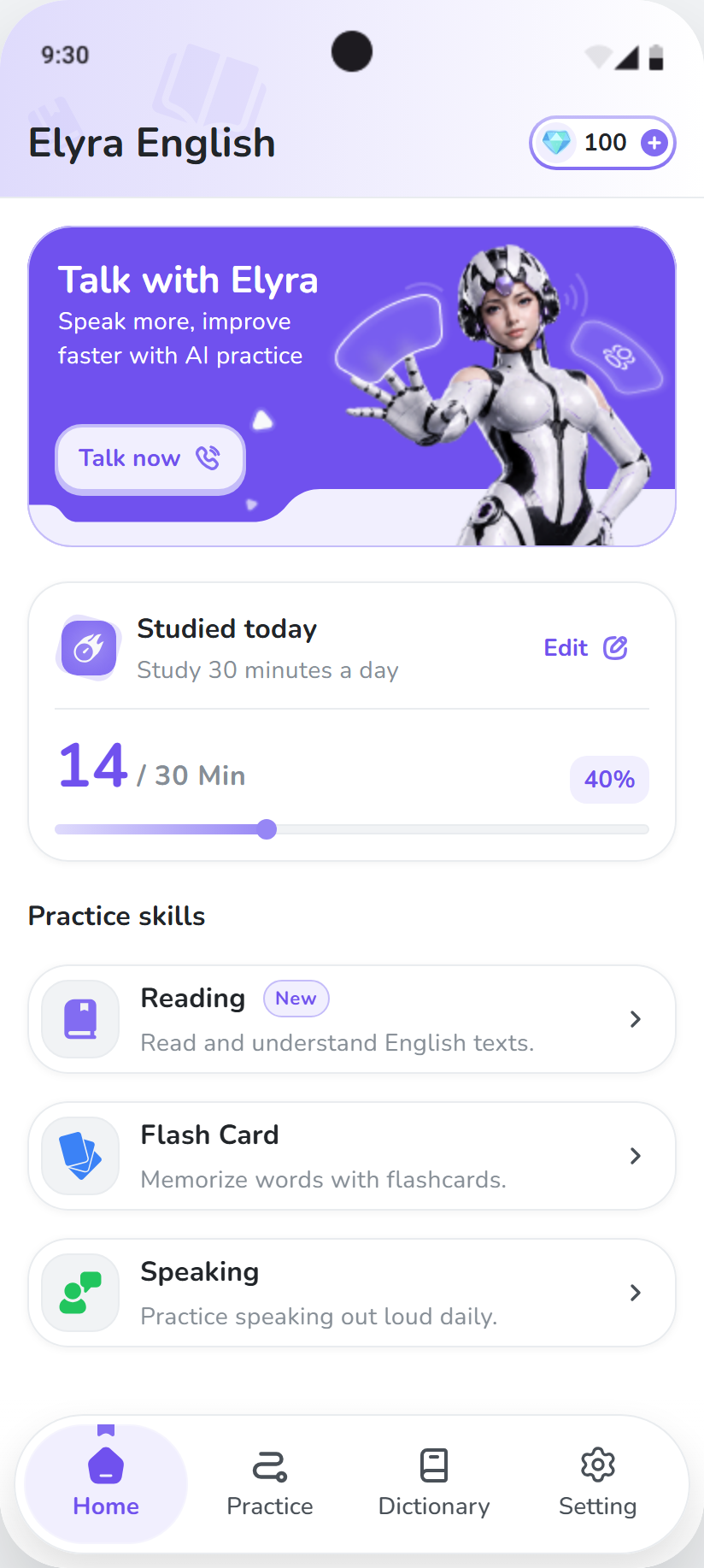 Home screen with Studied today progress