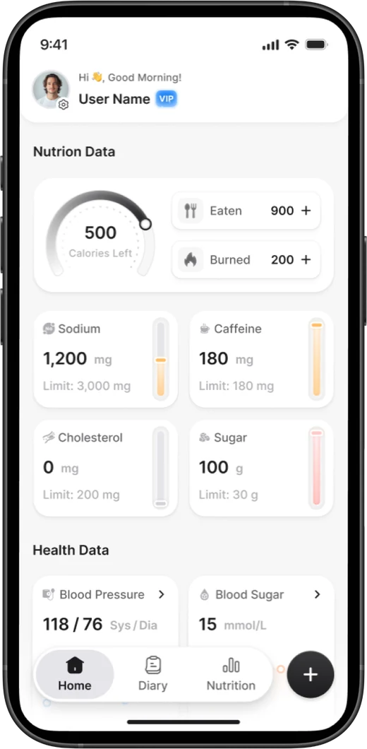 The Kova home screen showing calories left, nutrient limits and health data