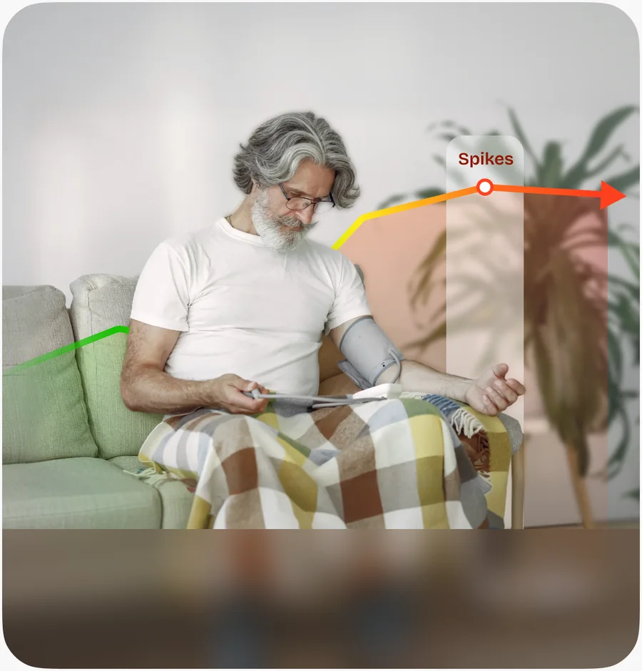 A man taking a blood pressure reading while a glucose line rises into a spike