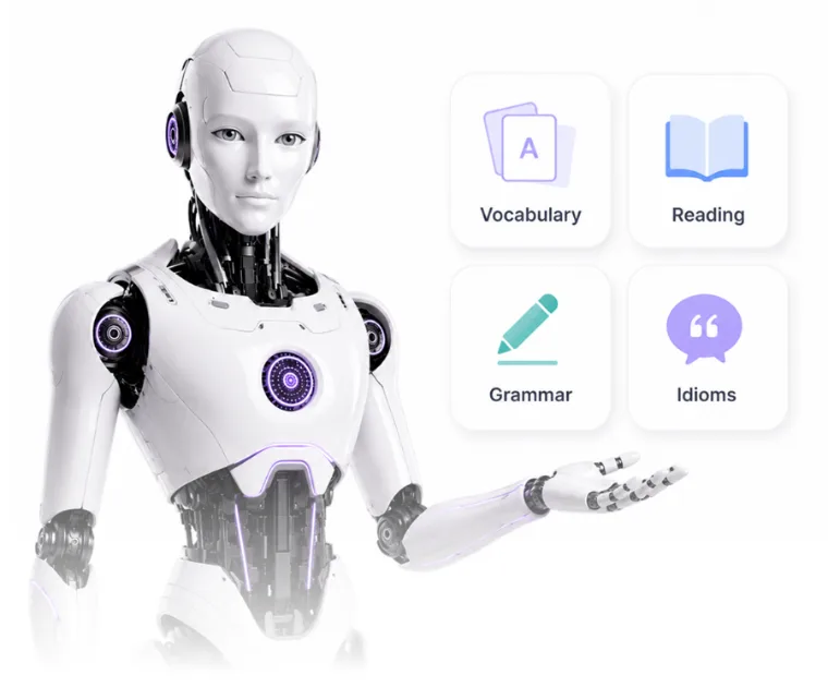 Lexi, the AI tutor, presenting the four skills: Vocabulary, Reading, Grammar and Idioms