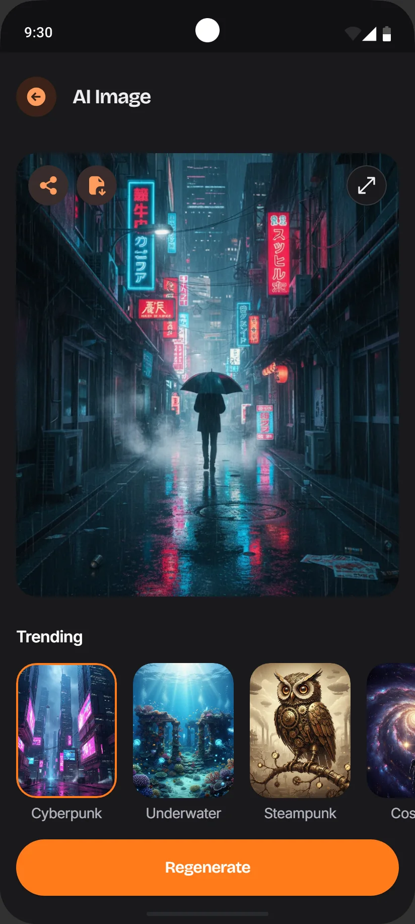 Result screen: Neon Tokyo image with share, download and Regenerate