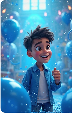 3D animated boy with blue balloons