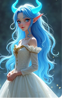 Blue-haired elf in a white dress