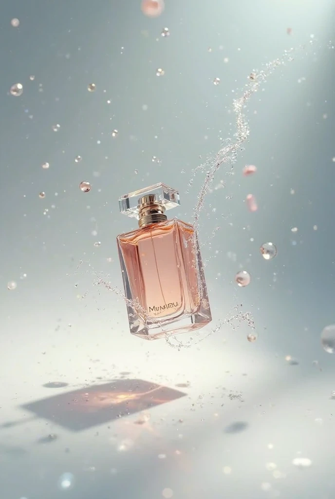 Perfume bottle floating with water droplets